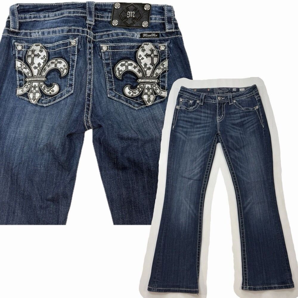 Miss Me Mid Rise Boot Cut Jeans Size 28 Blue Embroidered Studded Y2K Grunge